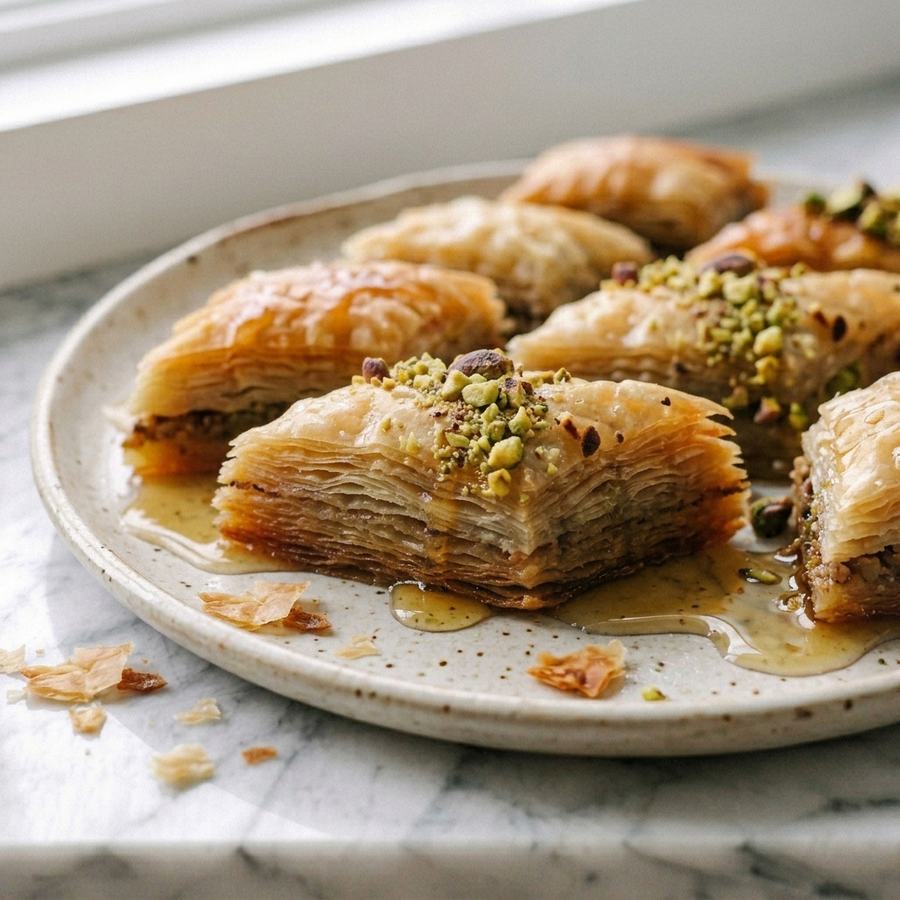 Baklava, folhado árabe com pistache e calda